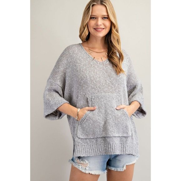 easel Sweaters - Easel Heather Grey Ultra Soft Slouchy Pullover Deep V-Neck Side Slit Sweater